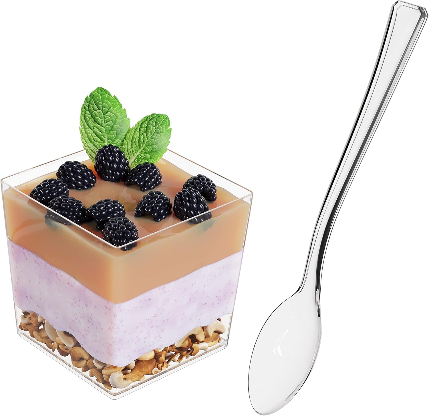 Exquisite Mini Dessert Cups with Spoons 200 Pcs - 3.6 Oz Mini Square Dessert Cups With Tasting Spoons 100 Sets | Mini Parfait Cups For Dessert | Appetizer Cups For Party | Plastic Dessert Cups
