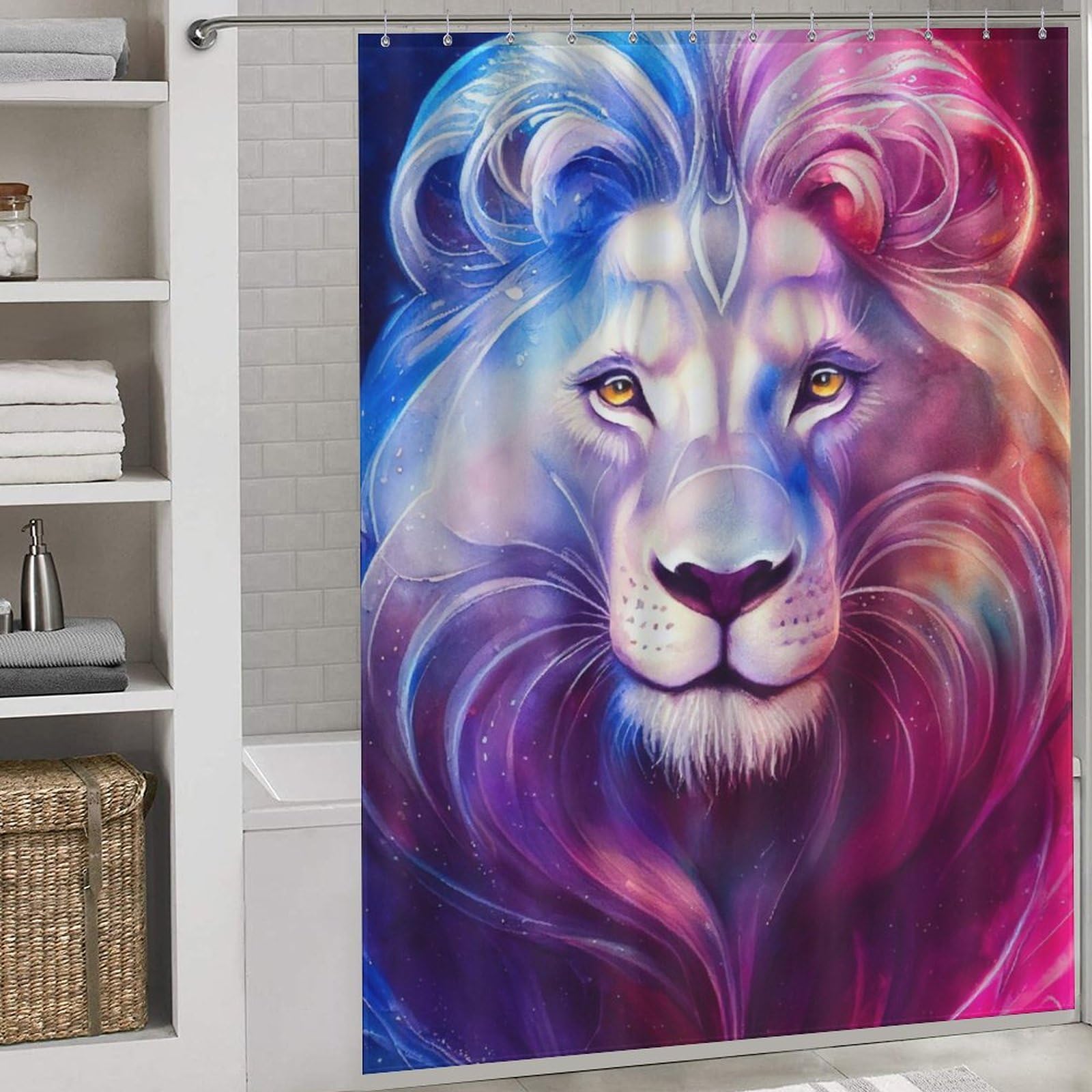 Rideau de douche lion imperméable en polyester lavable pour baignoire 168x183cm