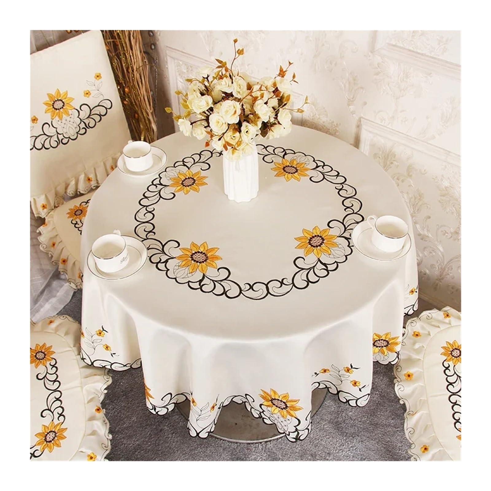 SHENJMAI Vintage Lace Table Round Table Cloth Tablecloths White Household Lace Tablecloth Dining Cover Embroidered Flower Home(Color7,Diameter 83cm)