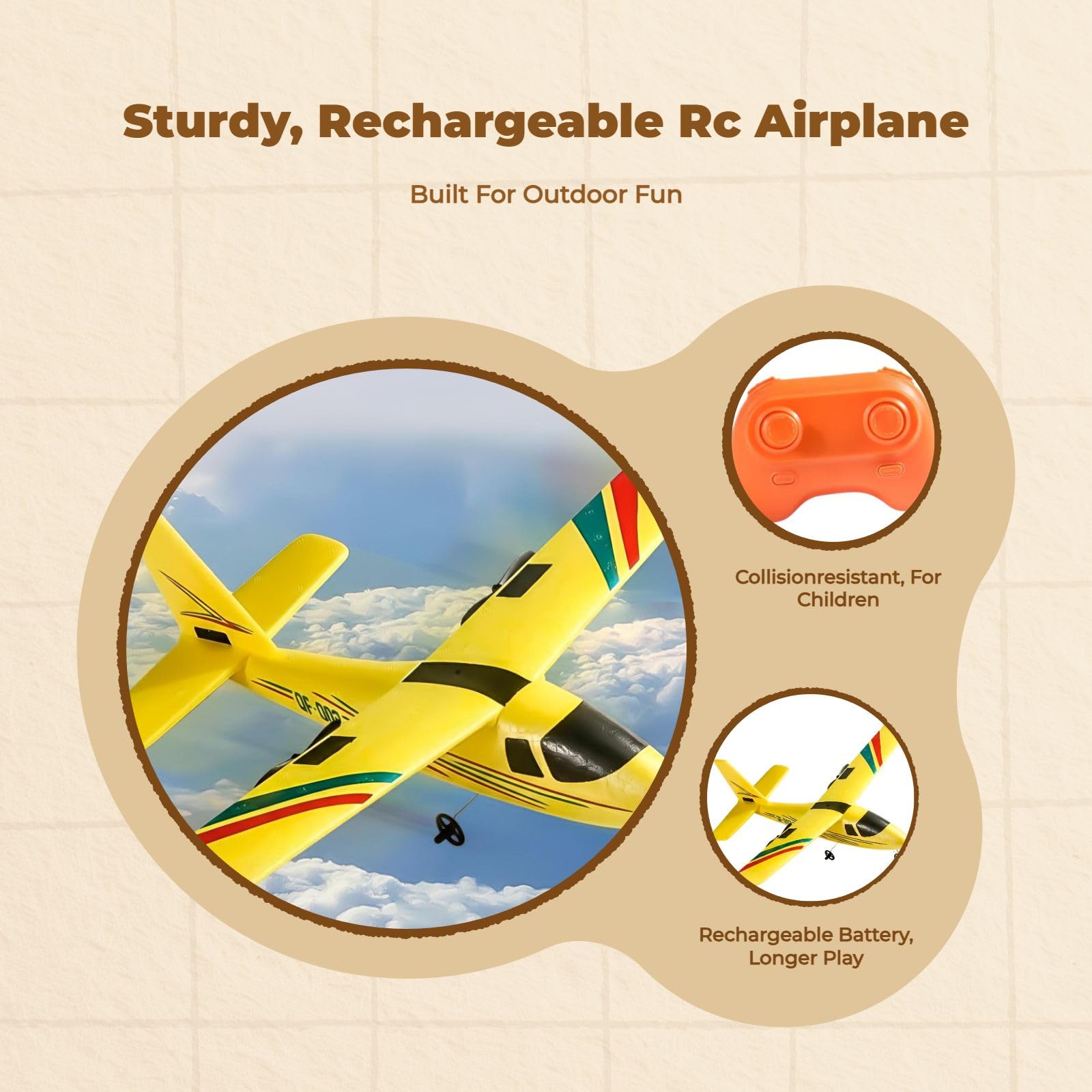 Harilla RC-Flugzeug, 15 Minuten, einfach zu fliegen, tragbar, 2-Kanal-RC-Segelflugzeug für Kinder, Anfänger, Erwachsene, Mädchen, Jungen, Geschenk, 1 Batterie Gelb