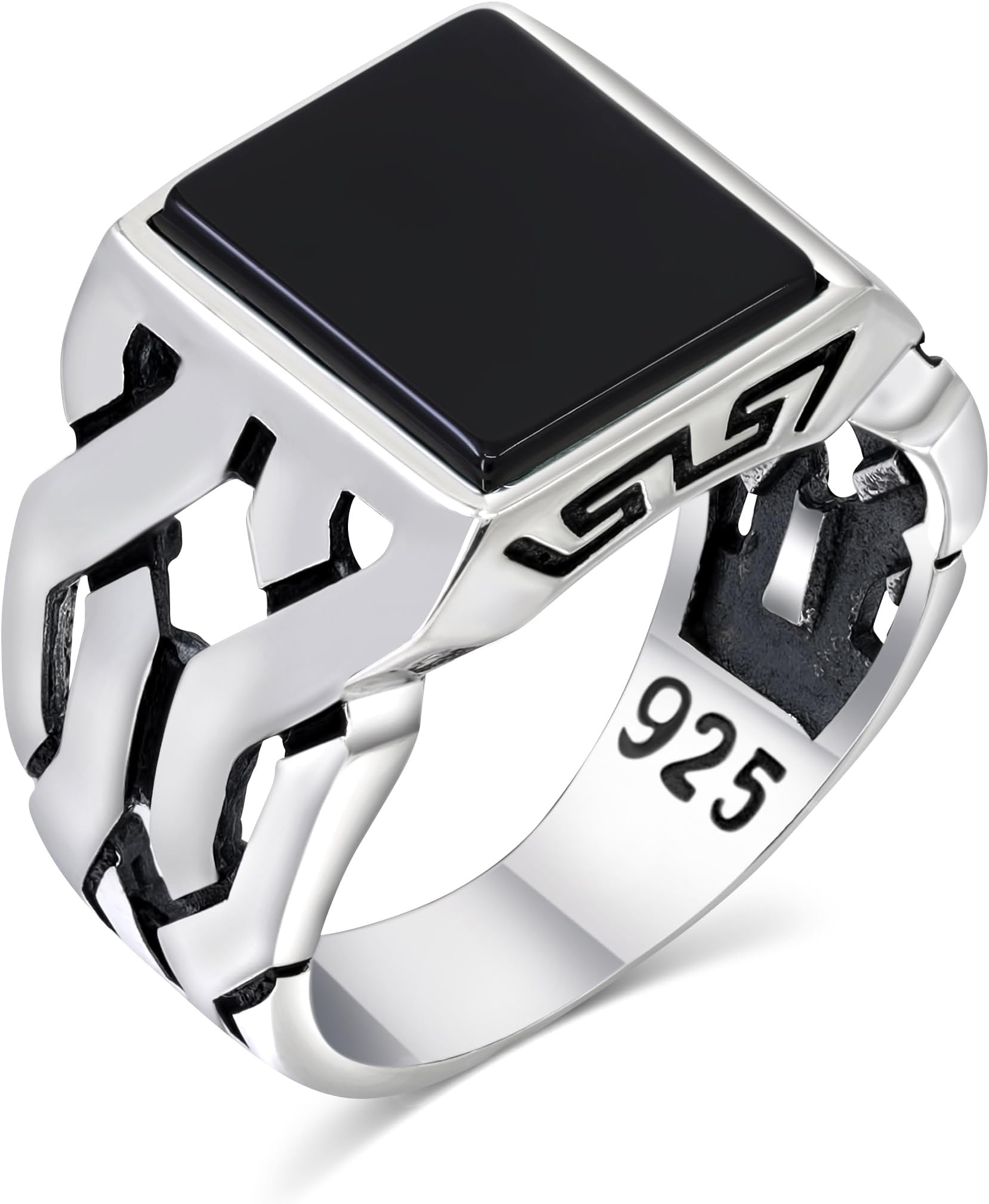 Sterling Silver Rings for Men - Cuban Link Mens Sterling Silver Ring with Black Onyx Stone, Anillos Para Hombre