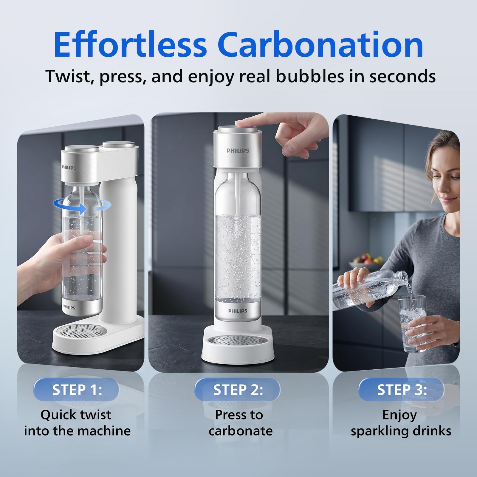 Philips Machine à eau pétillante, machine à diffusion de soda avec bouteille à torsion rapide, bouteille de gazéification en PET sans BPA, machine à soda compatible avec tout gazéificateur de CO2 de