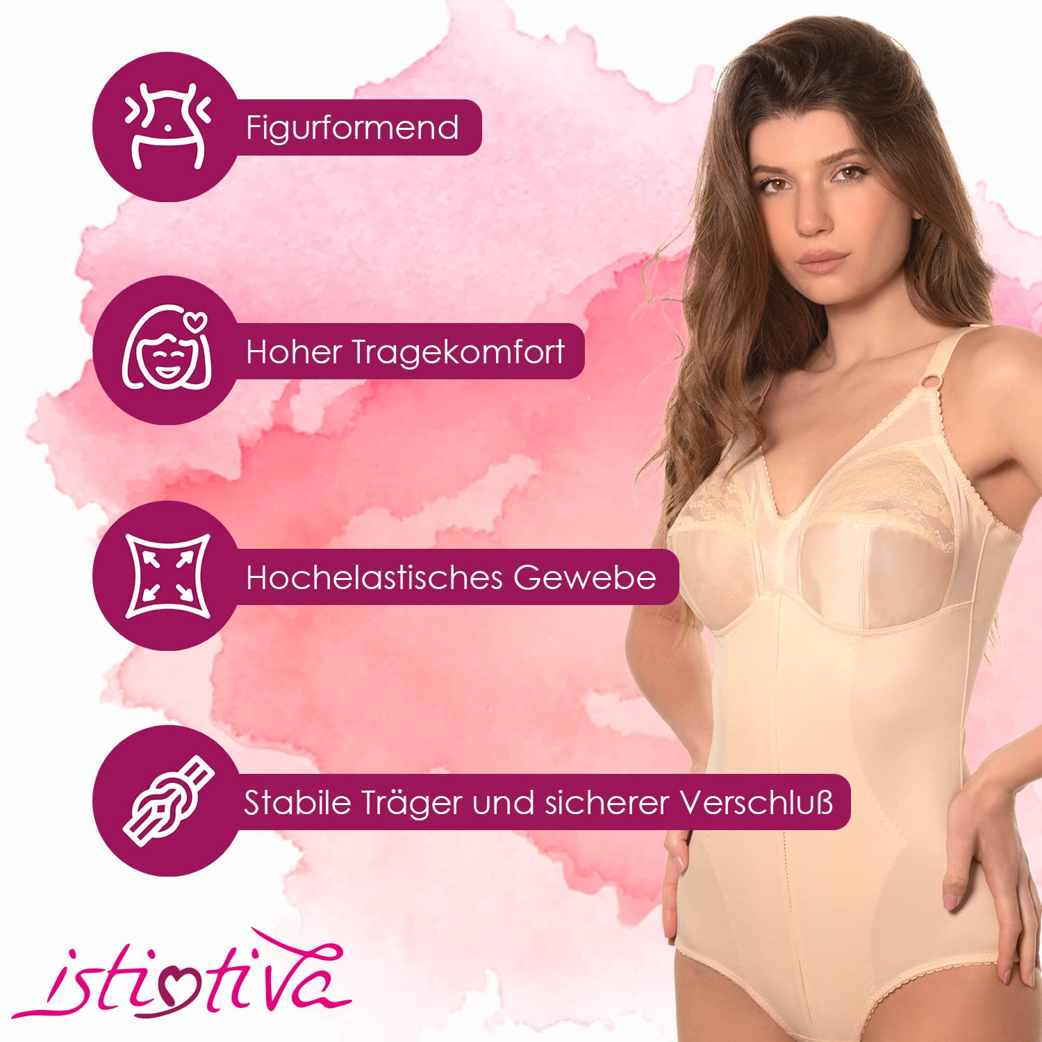 Rossella - Figurformender Body Shaper Damen mit feiner Spitze und hohem Leicht wattierte Softcups ohne Bügel