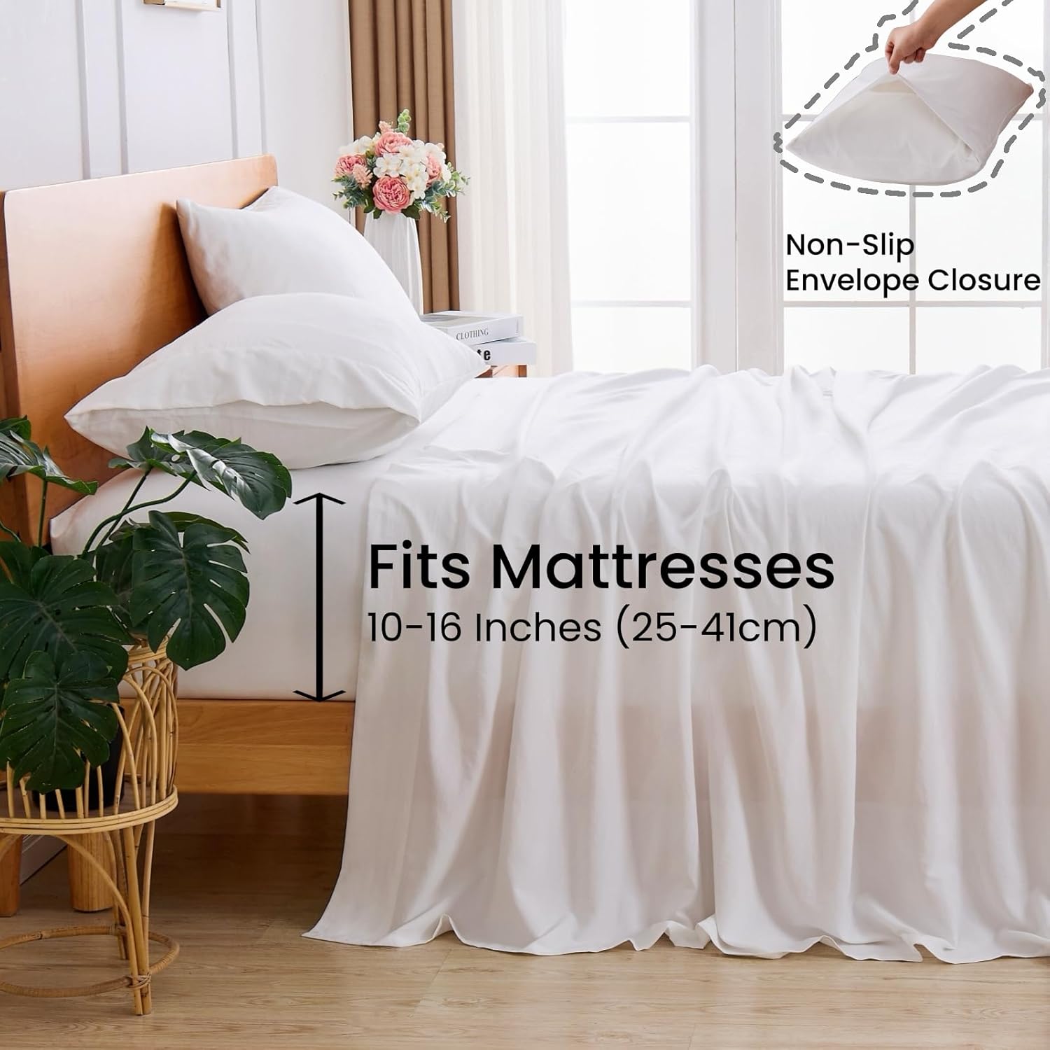 GOKOTTA 4-Pcs Queen Sheet Set, 16 Inch Deep Pocket Queen Sheets with Elastic Corner Straps, Brushed Microfiber Polyester - Hotel Luxury, Ultra Soft, Breathable, Anti-Rip, Wrinkle-Free - White - Image 5