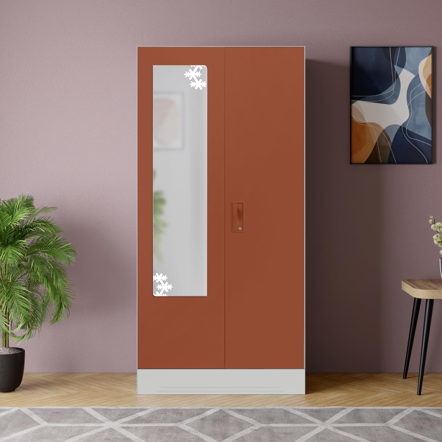 Interio by Godrej Slimline 2-Door Steel Almirah with Star Mirror (Baked Clay), 1-Year Warranty, 4 Shelves-image-0