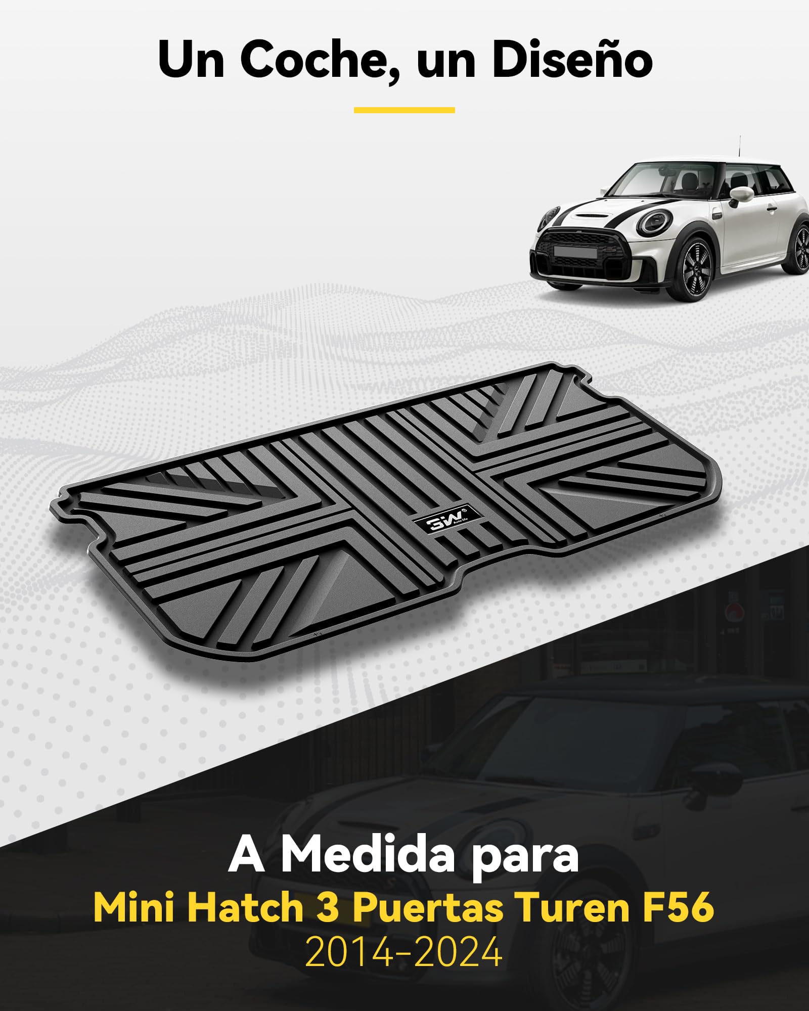3W Alfombrilla Maletero de Coche para Mini Hatch 3 Puertas F56 2014-2024, TPE Alfombrillas Maletero para Todo Tipo de Clima para Mini Hatch 3 Puertas Juego Completo de Alfombrillas, Accesorios, Negro