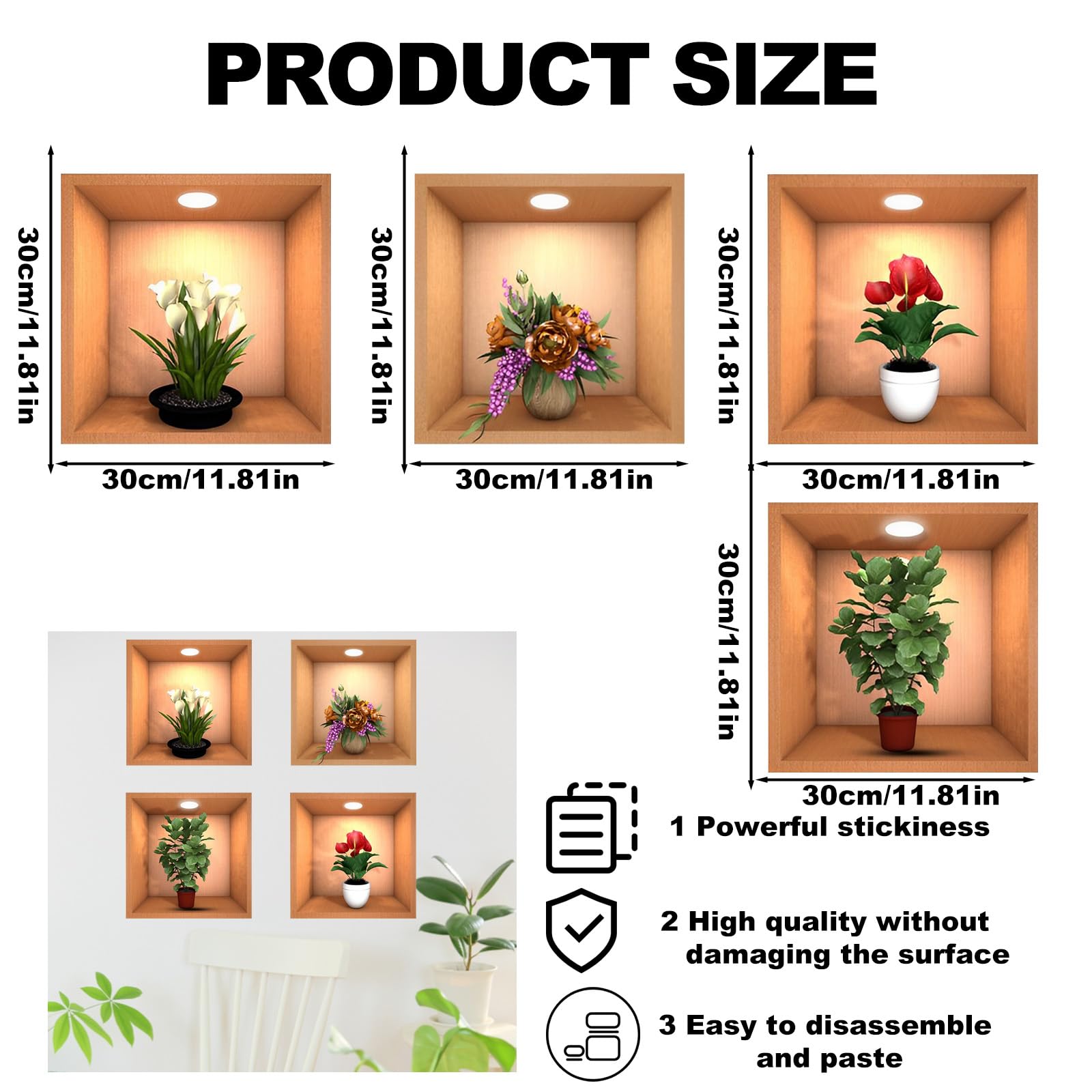 Pot Salle De Bain 3 Piu00e8ces Autocollant Muraux 3D Plante, Stickers Muraux En Vinyle 3D Diy, Autocollant Mural Vase 3D, Convient Pour Le Salon, La Chambre Et D'Autres Endroits (2 Plante Murale