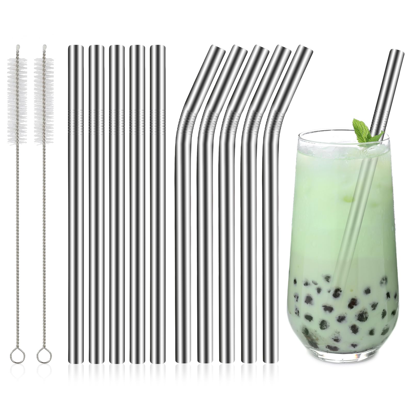 Photo 1 of [10 Pcs] Reusable Metal Boba Straws - 9.45" Long 0.47" Wide Stainless Steel Boba Straw for Smoothie, Bubble Tea, Milkshake