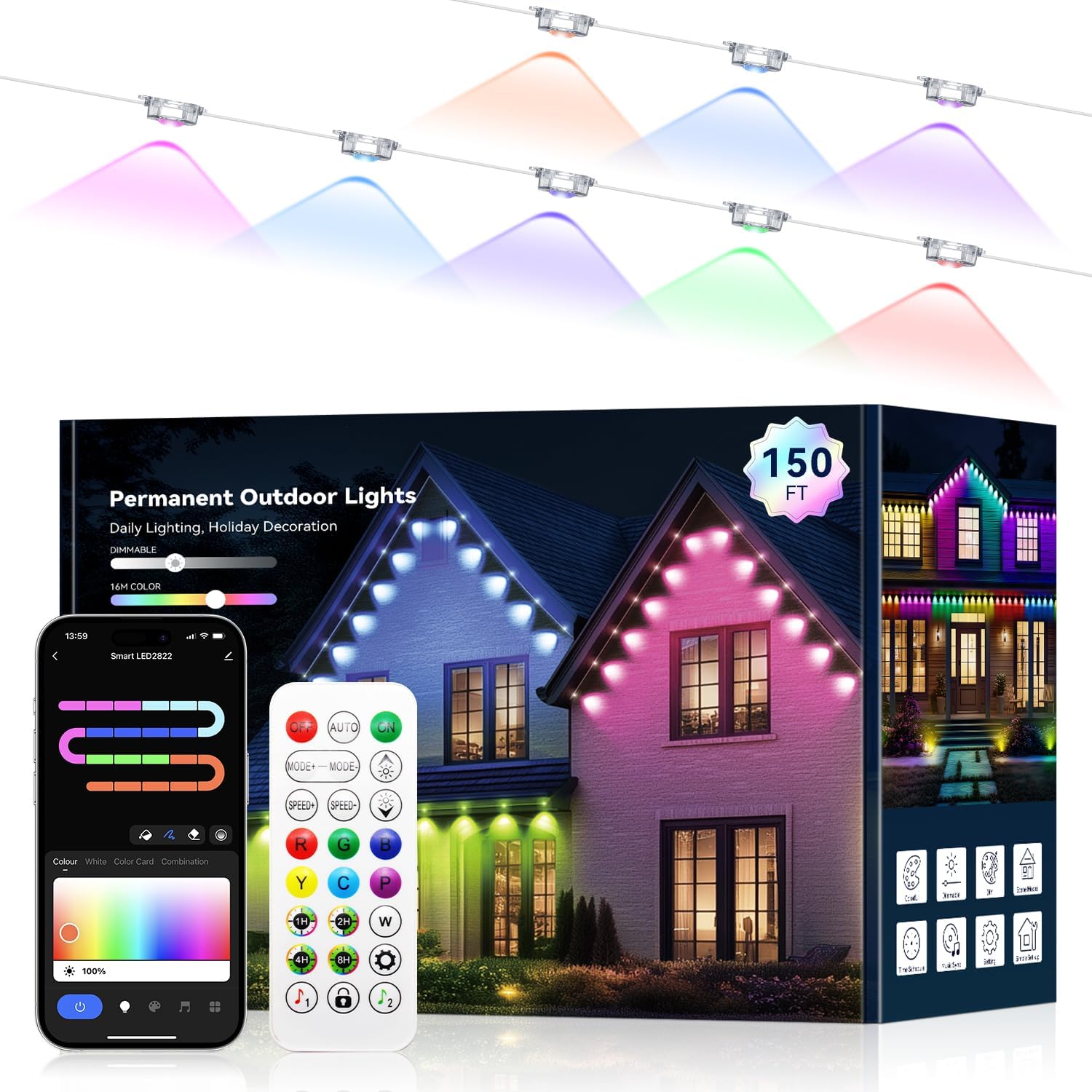 Permanent Outdoor Lights for House, RGB+IC IP67 Waterproof Smart Eave Lights 150ft with 75 LED, Eternity Lighting for Holiday Daily Decor, Work with Remote, APP Permanent Outdoor Lights for House, RGB+IC IP67 Waterproof Smart Eave Lights 150ft with 75 LED, Eternity Lighting for Holiday Daily Decor, Work with Remote, APP