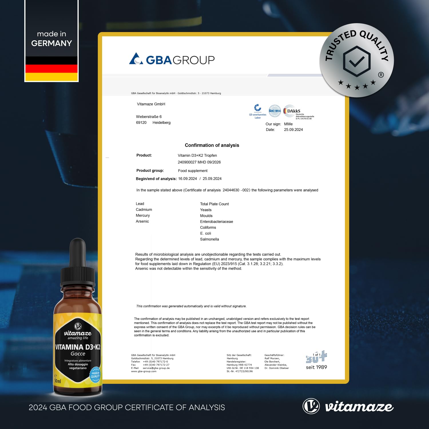Vitamina D3 + K2 Gocce, 1000 UI ad Alta Dose, Vegetariano & Liquido (99,7+% All-Trans MK-7), 50 ml (1700 Gocce), Elevata Biodisponibilità, Nessun Additivo Inutile, Vitamaze