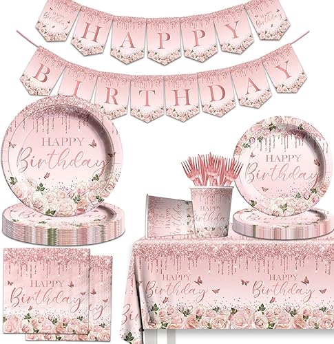 Miniatura 1 de 142 piezas de suministros para fiesta de cumpleaños de color oro rosa  vajilla de fiesta de cumpleaños rosa, plato desechable para cena, mantel de