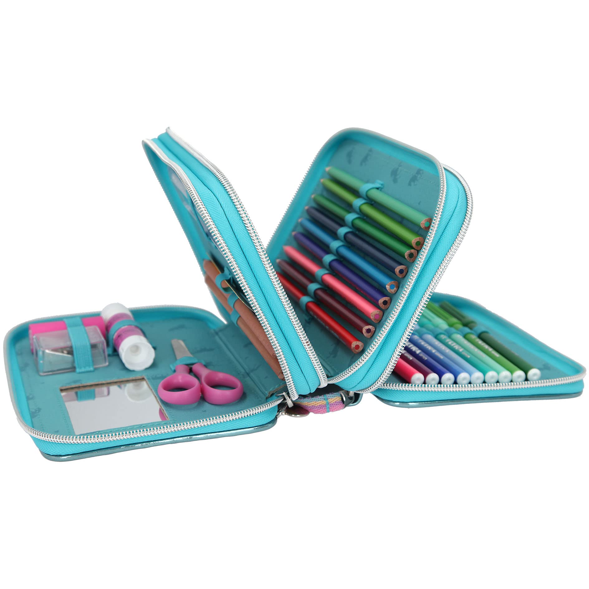 Depesche 11055 Miss Melody - Gefüllte 3-fach Federtasche mit traumhaftem Pferde-Motiv, türkise Federmappe ca. 7,5 x 13 x 20 cm groß, mit Filz- und Buntstiften, Lineal, Schere, Kleber, uvm.