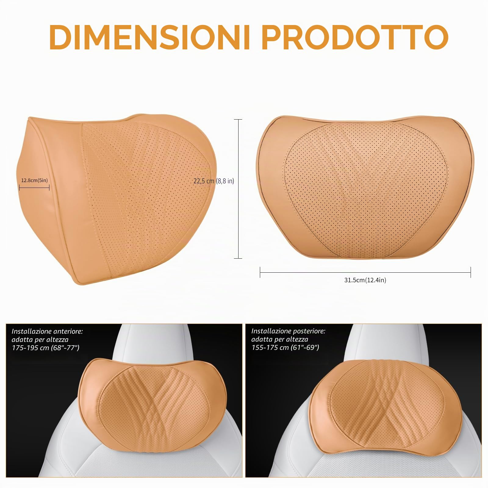 Cuscino per il Collo dell'auto in Memory Foam, Poggiatesta in Pelle di Alta Qualità, Cuscino di Supporto per il Collo Universale per la Guida, Casa e Ufficio, Marrone Palomino, 2 Pezzi