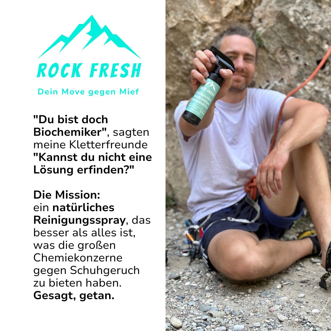 Biologisches Schuhdeo & Schuhspray gegen Käsefüße/Schweißfüße 250 ml Konzentrat – biologischer Geruchsentferner gegen stinkende Schuhe – für Kletterschuhe, Boulderschuhe und mehr | Rock Fresh | Biologisch & probiotisch – Schuhreinigung und Schuhdeo in ein