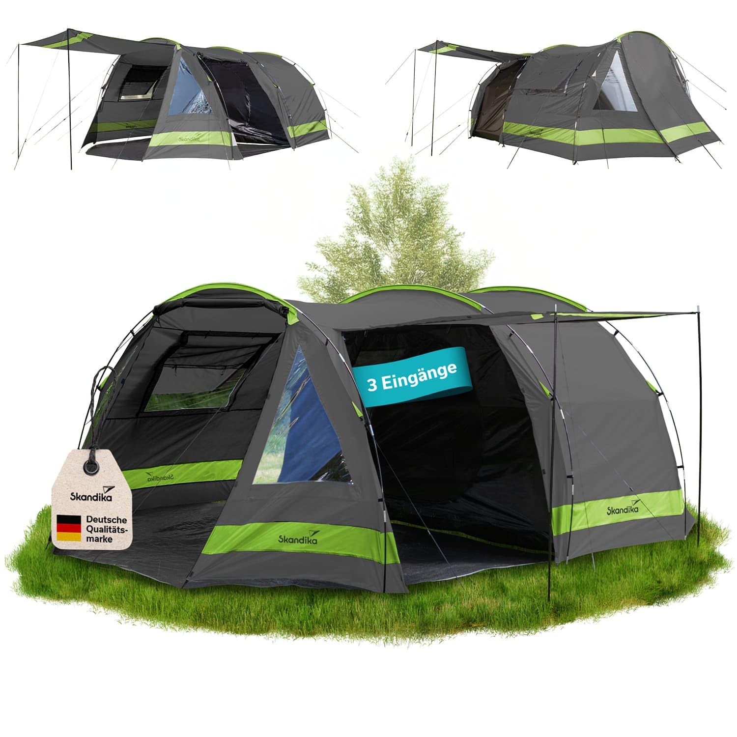Skandika Kambo Tunnelzelt für 6 Personen | XL Familienzelt für Camping, 2 m Stehhöhe, Dunkle Schlafkabine, wasserdicht, 3000 mm Wassersäule, Sonnendach | großes Campingzelt, Festival Zelt für 6 Mann