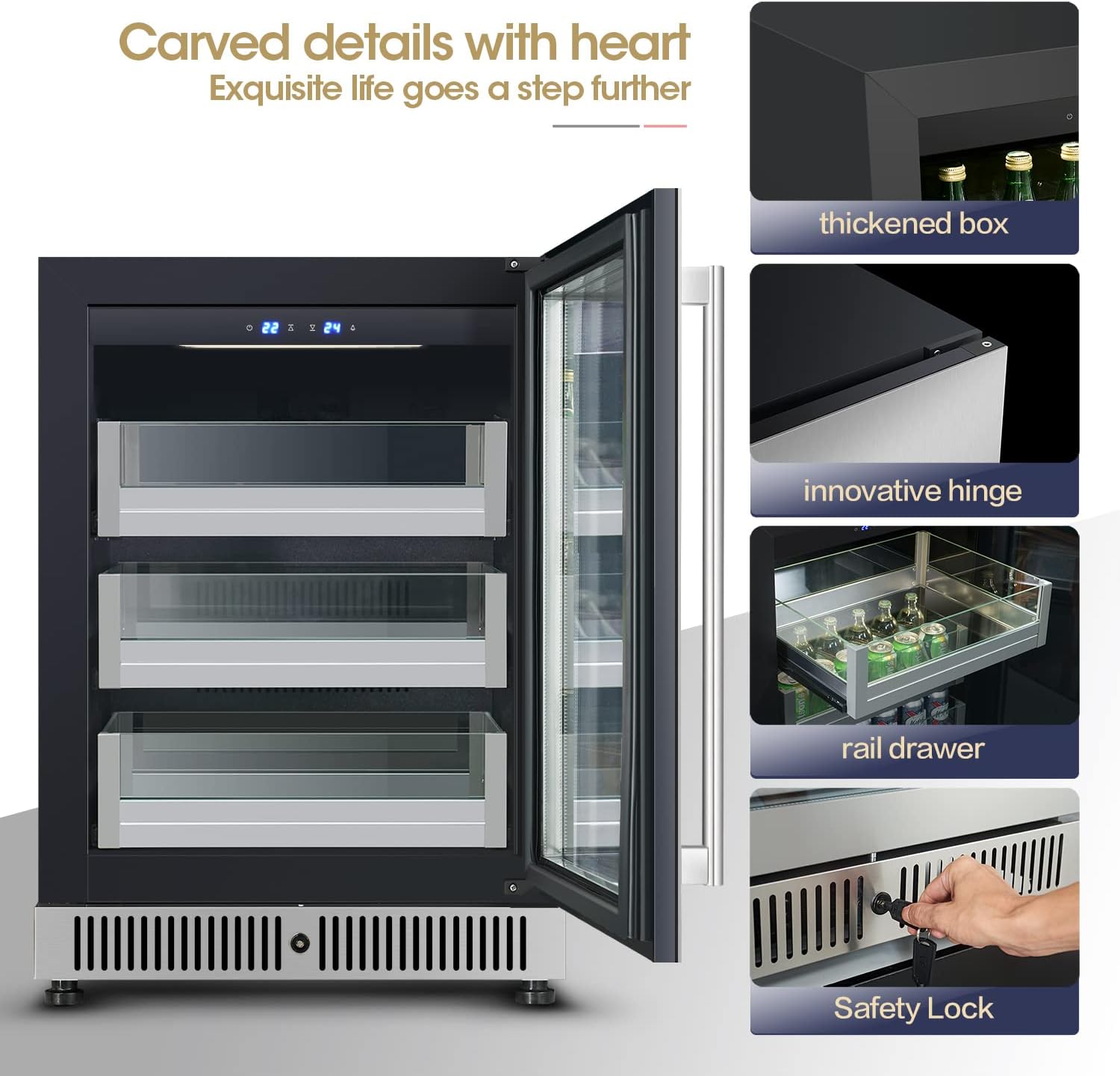 Vesgolden 24" Undercounter Mini Refrigerator Beverage For Home Kitchen Fridge Seamless Built or Freestanding Hidden Hinged Glass Door Freezer Great for soda, beer, wine and juice coolers.