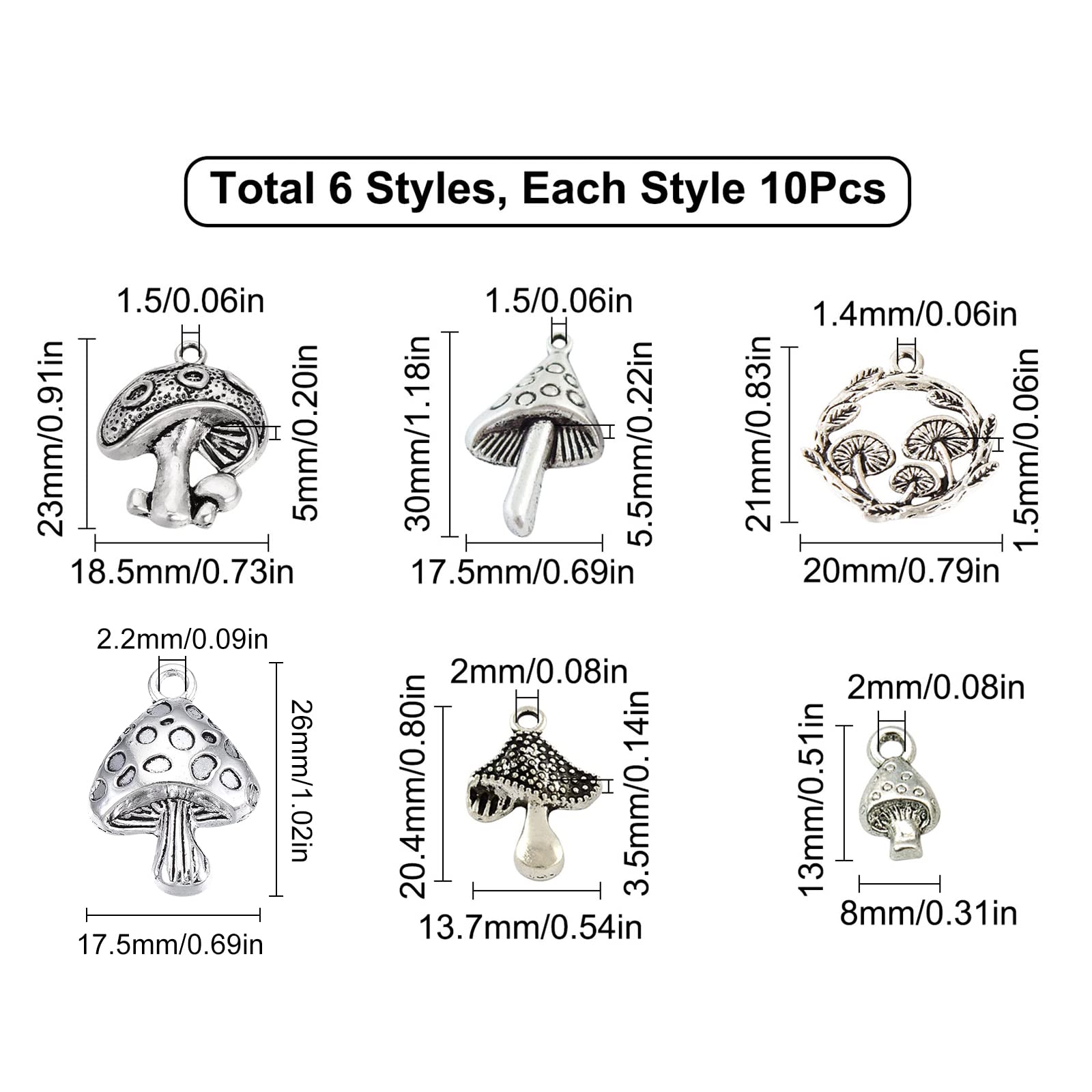 SUNNYCLUE 1 Box 60Pcs 6 Styles Mushroom Charm Mushrooms Charms Plants Magic Charms Bulk Hollow Round Food Tibetan Style Charm for Jewelry Making Charms DIY Earrings Necklaces Bracelets Findings Adult