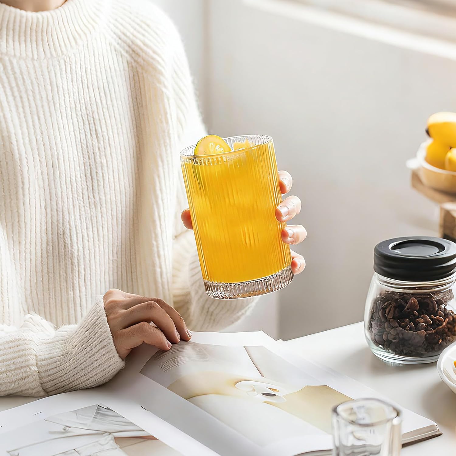 INSETLAN 17oz Ribbed Glassware Set of 4, Glass Cups Large Vintage Glassware Set, Origami Style Cocktail Glasses, Ideal for Beer, Juice, Water, Ice Coffee Cup, Whiskey - Image 3