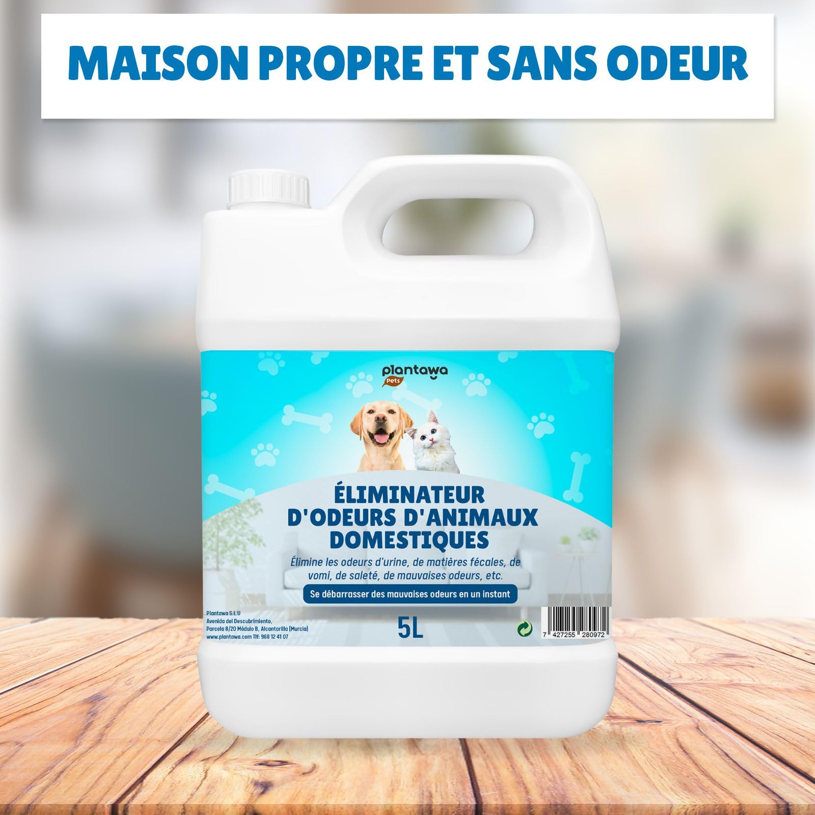 PLANTAWA Éliminateur instantané d'odeurs d'animaux domestiques 5l. Neutraliseur Enzymatique Odeurs Urine Fèces Vomissements. Intérieur et extérieur, Patio Jardin. Anti Odeur Urine Chiens Chats.