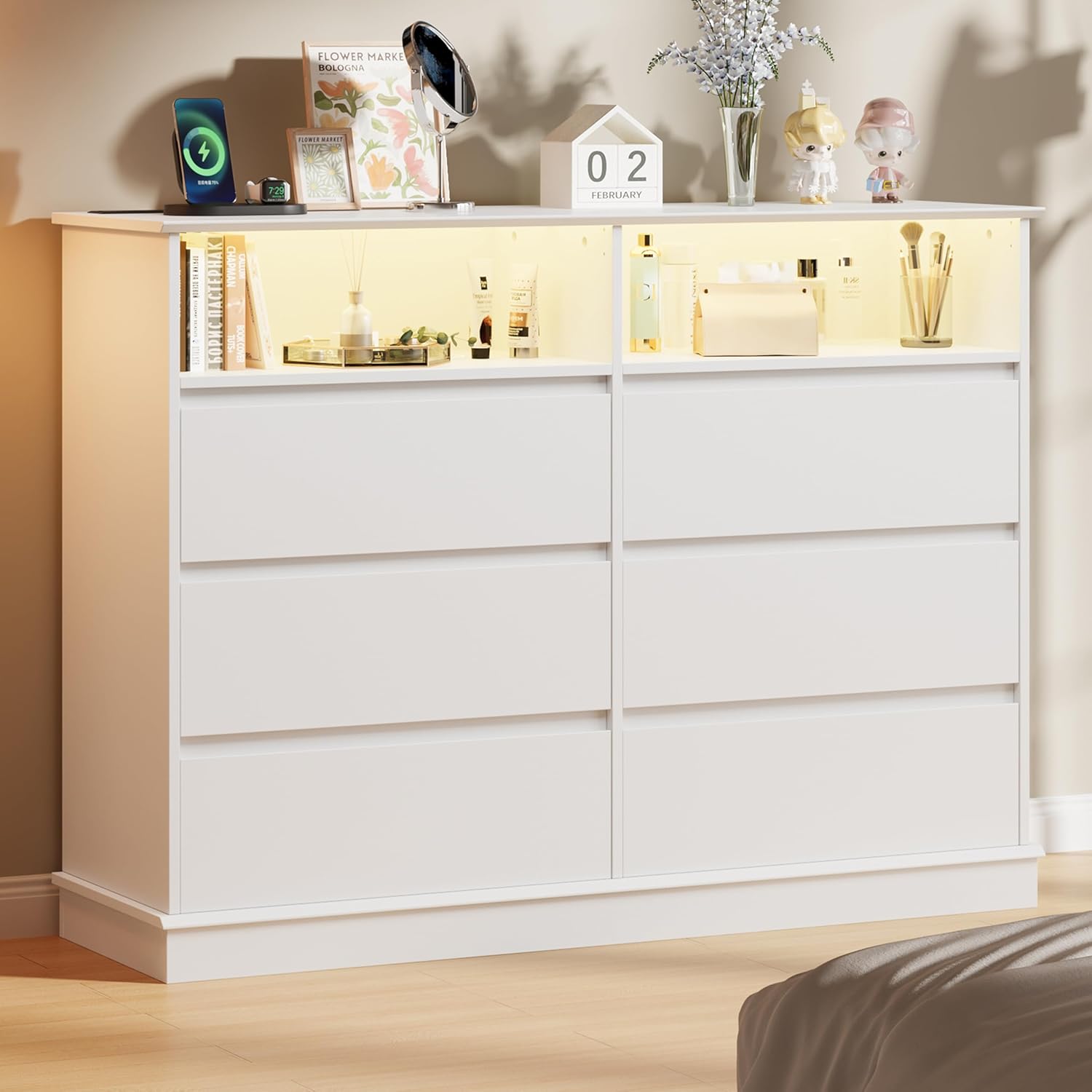 GarveeHome Dresser for Bedroom, 6 Drawer Dresser with LED Lights and Charging Station, Wide Chest of 6 Drawers with Open Space, Modern Large Capacity Storage Cabinet, Living Room, Hallway, White
