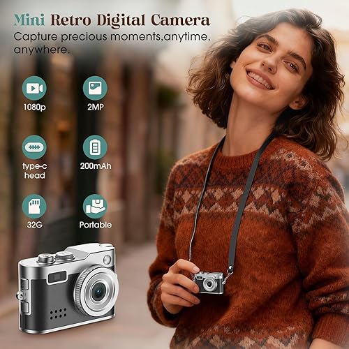 Miniatura 2 de Mini cámara digital vintage, cámara llavero 1080P HD con lente de 2 MP, flash, grabación de video, tarjeta 32G incluida, cámara retro portátil y