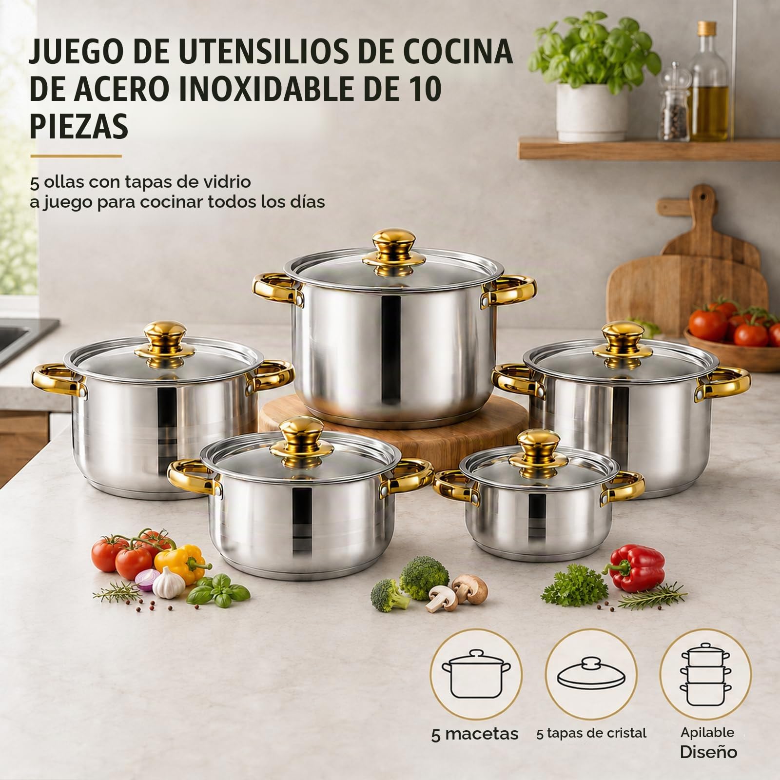 Set de Ollas Acero Inoxidable 10 Piezas, Tapas Acero, Todo Tipo Cocinas