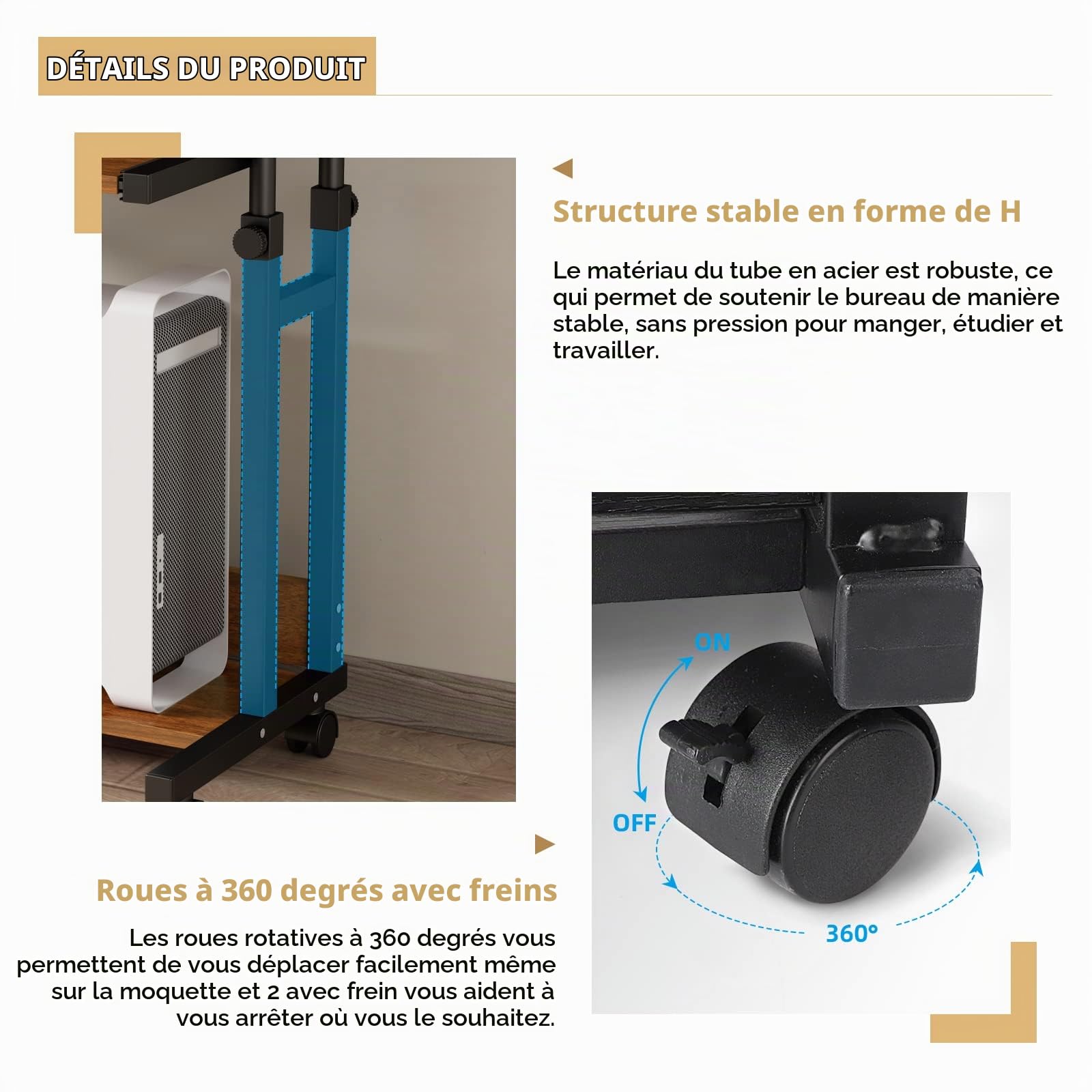 Dripex Bureau Mobile Réglable en Hauteur avec roulettes | 80x45cm, hauteur de 69 à 90cm, avec 2 étagères de rangement, pour le bureau, le bord du lit ou le canapé, Noyer