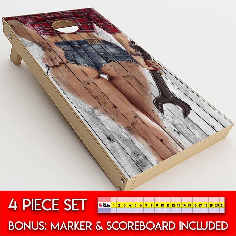 Skin Decals Vinyl Wrap for Cornhole Game Board Bag Toss (4 pcs.) Includes Dry Erase Marker and Scoreboard | Female Mechanic