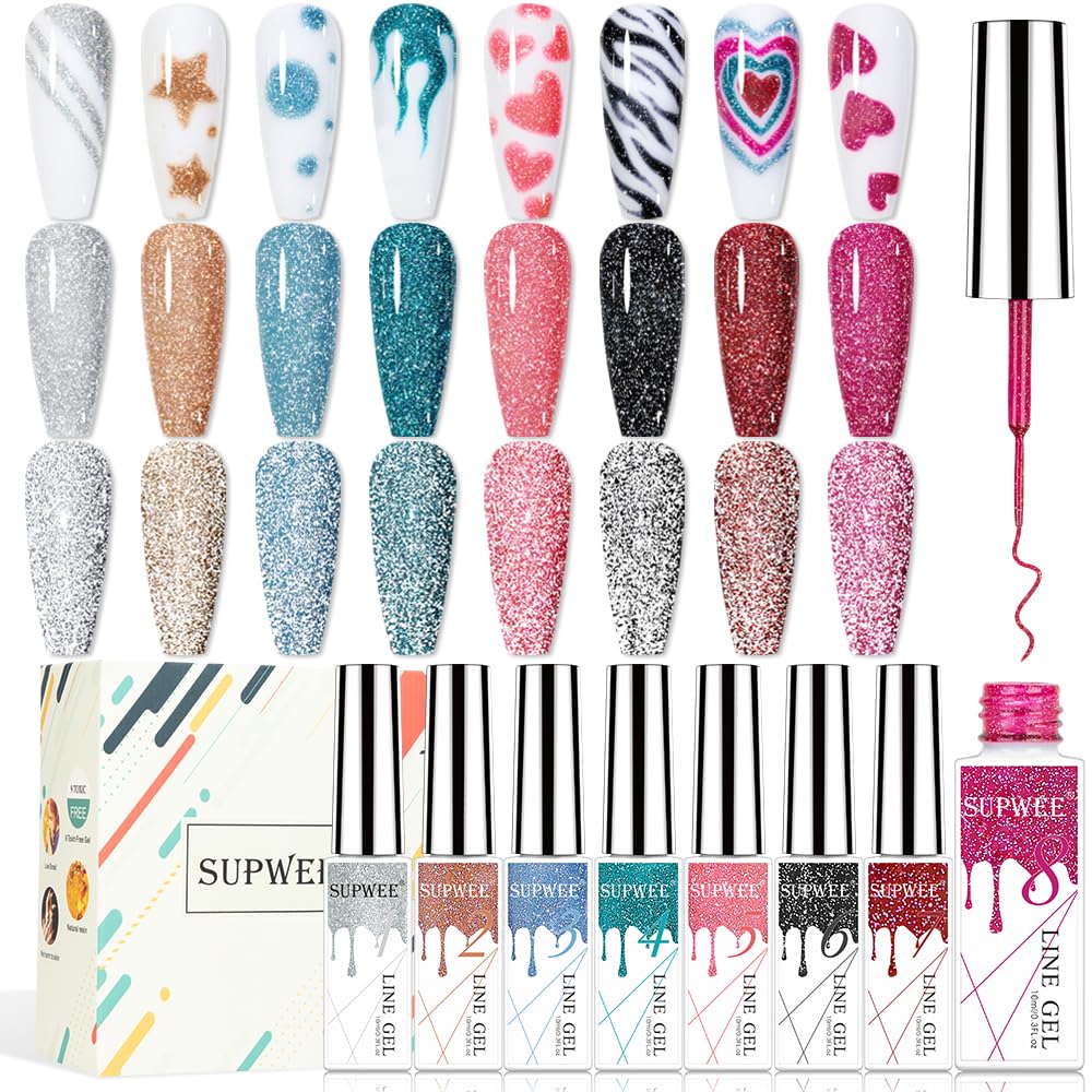 Supwee Reflektierendes Gel Liner Nail Art Set, 8 Farben Disco Glitter Liner Gel Polish Silber Pink Glitter Nail Art für DIY Drawing Manicure Design Soak Off
