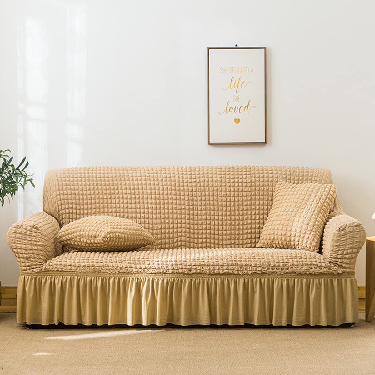 youyoucool Bubble Lattice Elegant Stretch Sofa Cover 3D Cover Couch Cover Spandex Elastic Sofa Slipcover Protector with Skirt Metersyellow3 seats