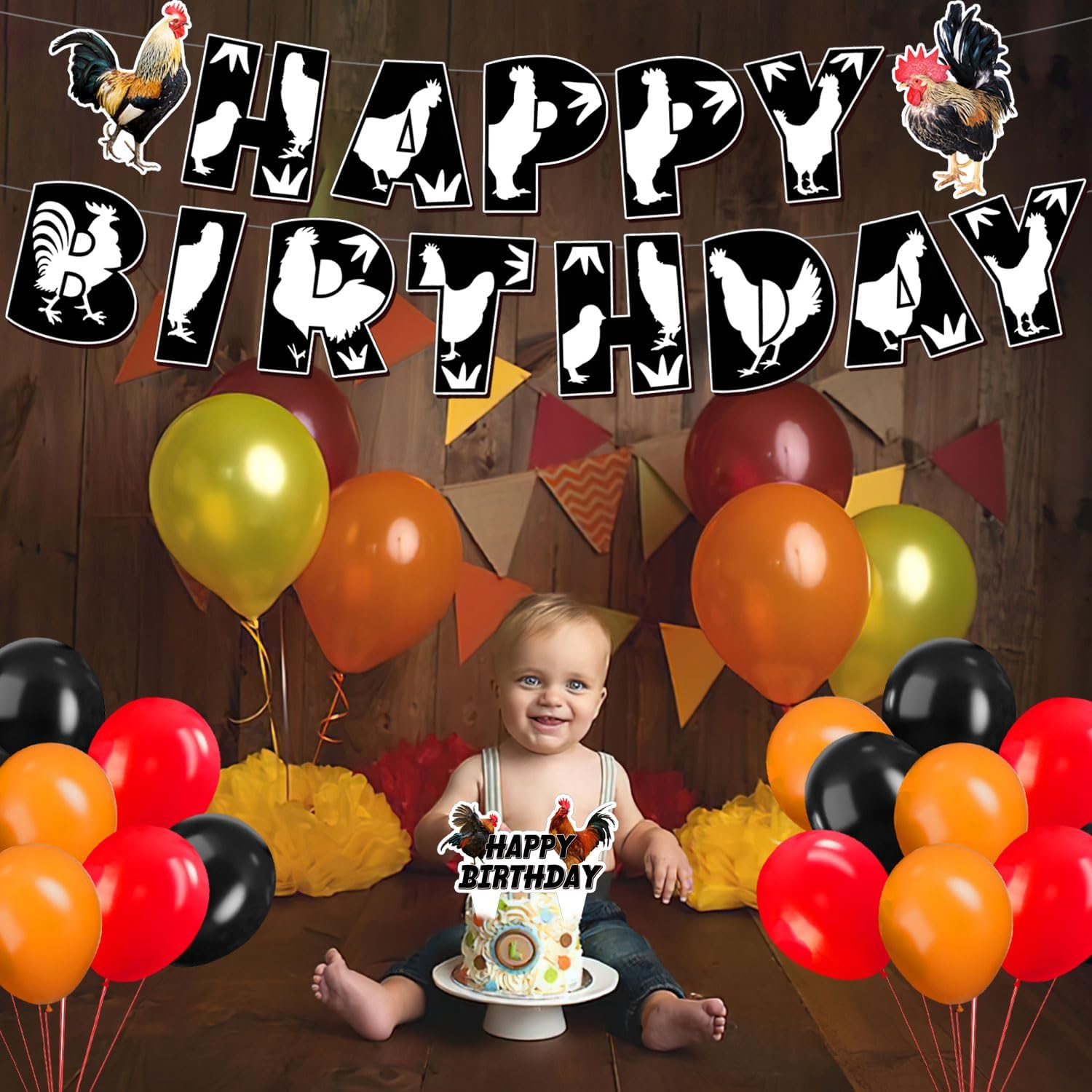 Rooster Birthday Party Supplies with 1Pcs Rooster Theme Banner,25 Pcs Caketoppers,18 Pcs Ballon for kids Rooster Birthday Baby Shower Party Decorations - Image 7