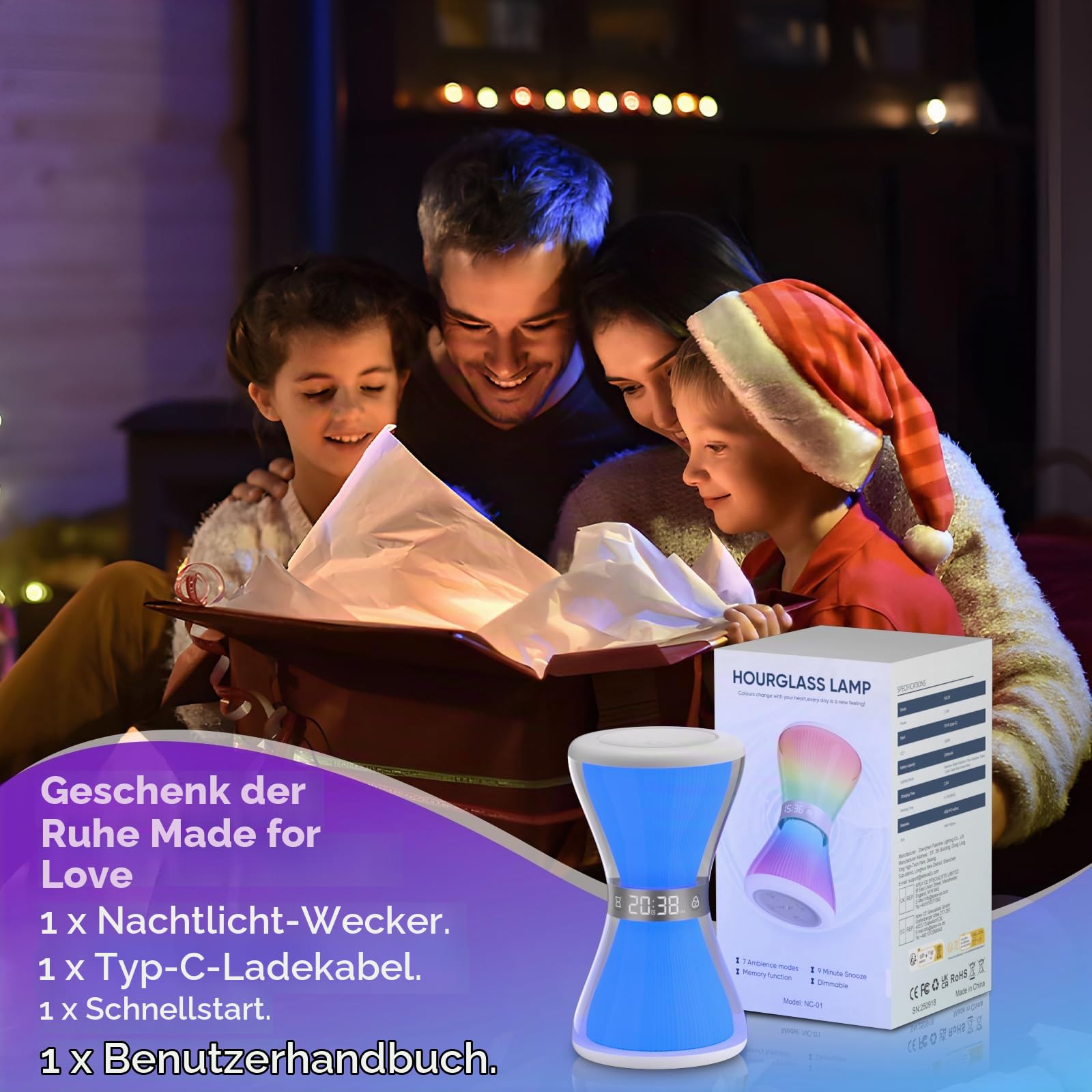 AFEXOA Digital Wecker mit Licht,Sanduhrform Tischuhr mit Snooze,Timer 5-90min,Dimmbar Nachtlicht,Geschenk für Mädchen Frauen Kinder Tageslichtwecker mit Regenbogen Stimmungslicht für Schlafzimmer