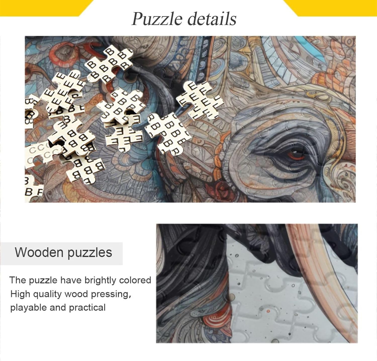 Wooden Jigsaw Puzzle 1000 Pieces Totem Elephant Print, Zigsaw with Alphabet Partition Storage Bag Easy to Solve for Adults
