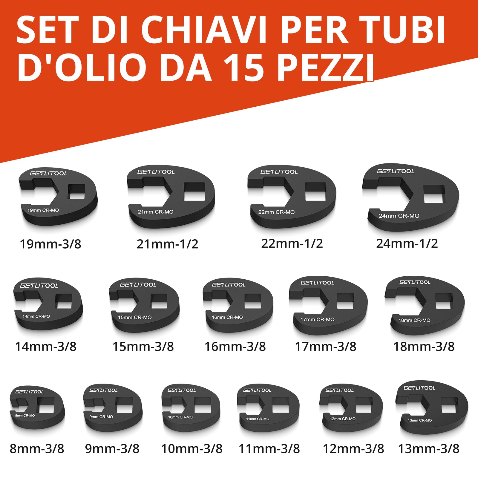 GETLITOOL Set 15PZ Chiavi a Forcella Aperta per Tubi in Cr-Mo, 12pz 3/8" (8-19mm) e 3pz 1/2" (22-24mm), Chiavi Crowfoot con Valigetta Rigida, Chiavi a Bussola Aperta per Auto Idraulica Officina DIY