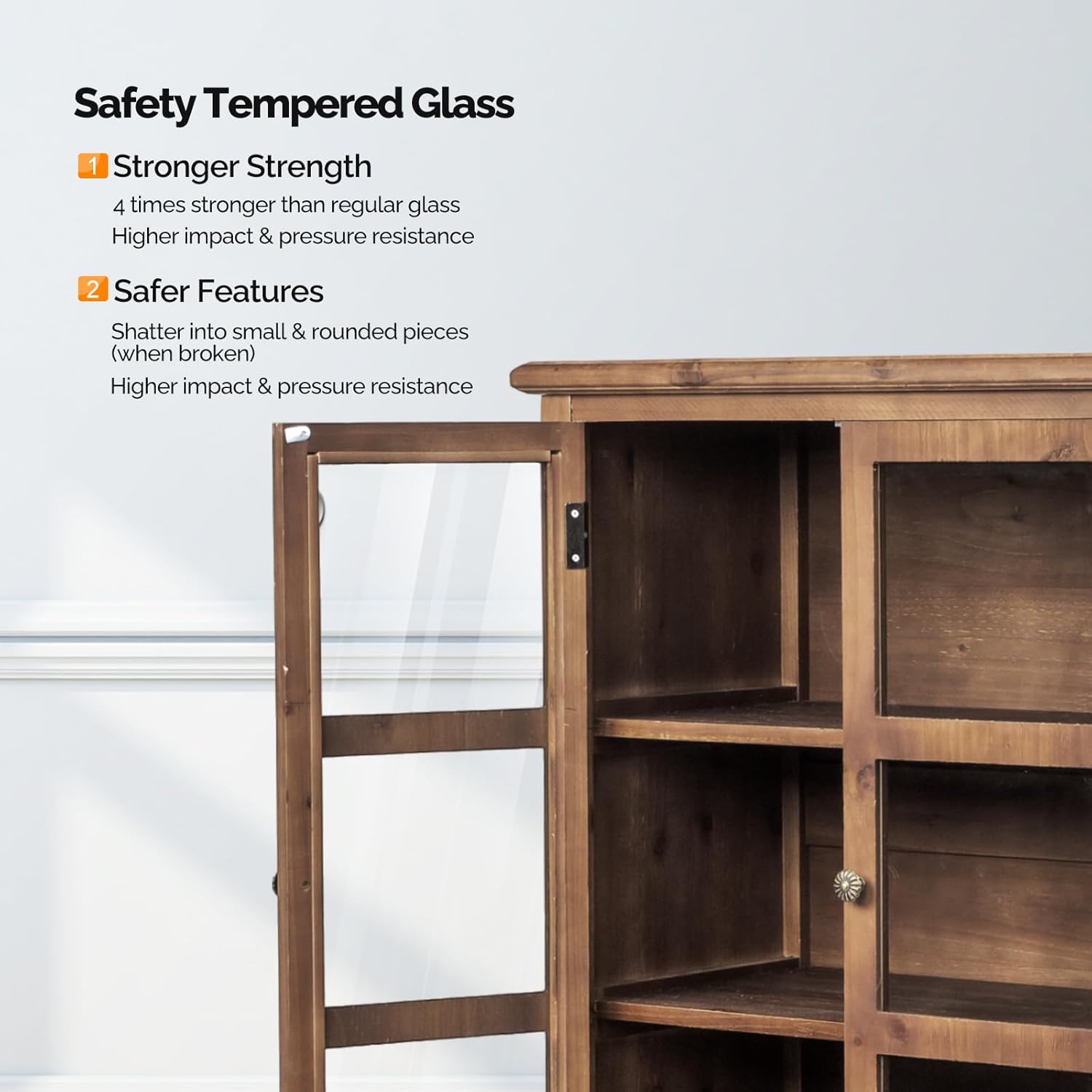 VINGLI Rustic Storage Cabinet with Glass Doors & Drawer, Solid Wood Leg, Walnut Finish Showcase