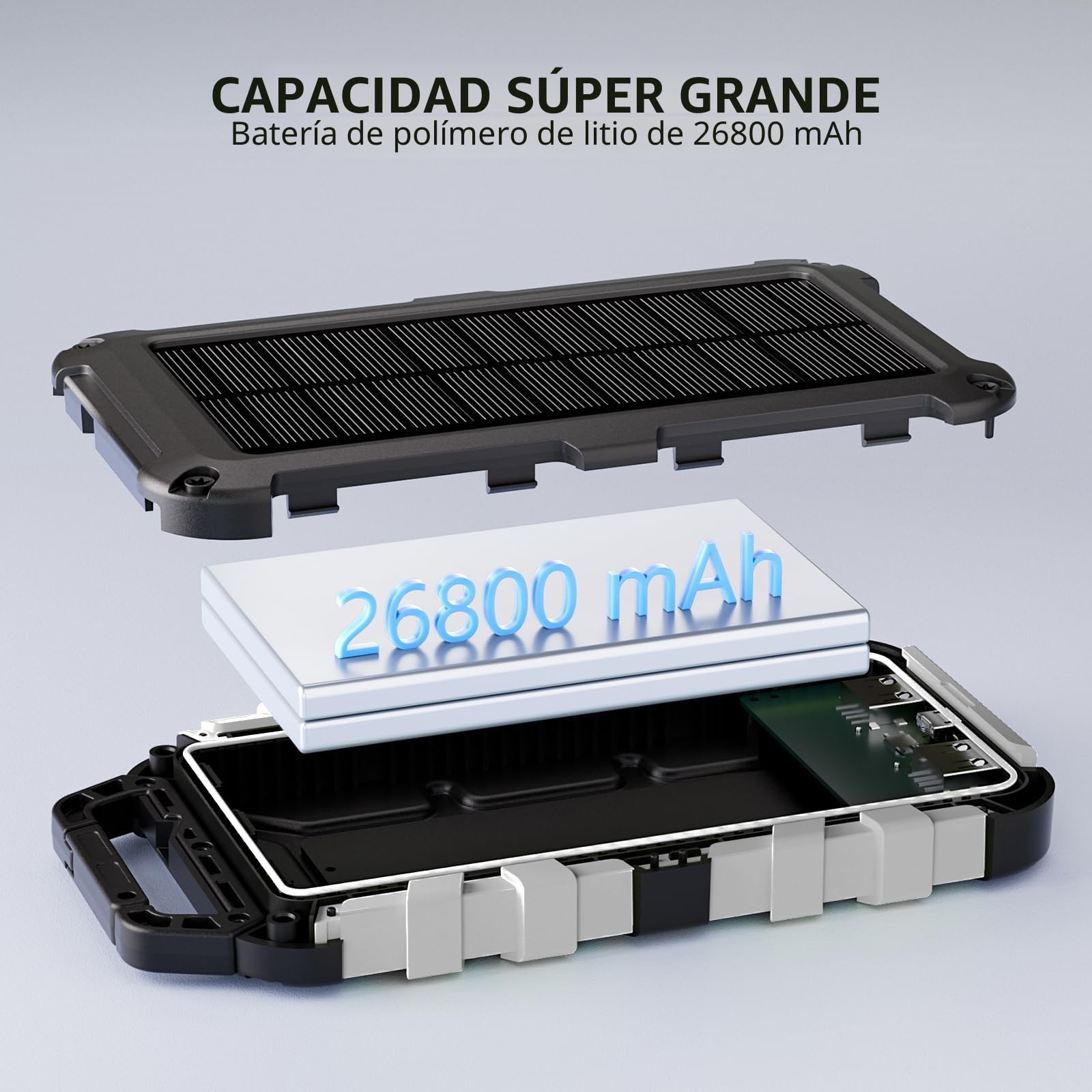 TOENNESEN Cargador Solar 26800 mAh Power Bank Solar, Bateria Externa con Carga Rápida 15 W Impermeable IPX4 2 Puertos USB + Linterna LED Compatible con Smartphones Tablets Camping y Emergencias, Gris