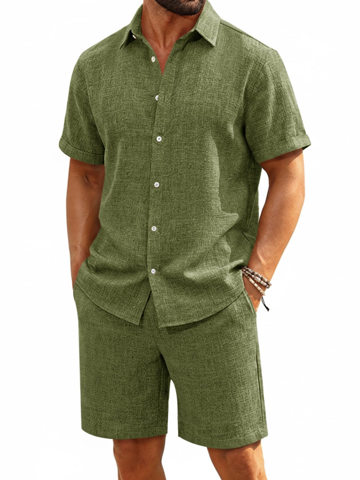 Mens Short Sleeve 2 Piece Sets Button Down Casual Summer Beach Vacation Linen Shirt and Shorts Outfit