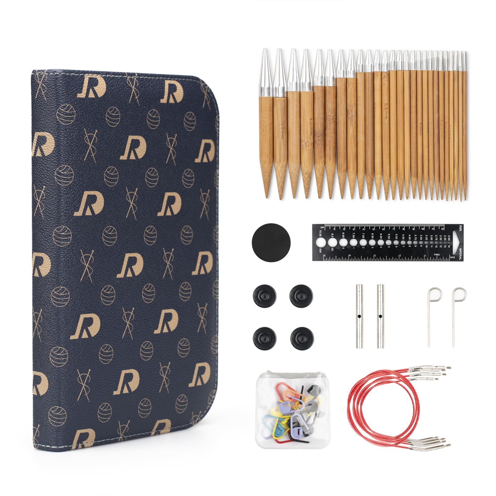 RUIDI Circular Knitting Needles Set, Interchangeable, Bamboo, 13 Pairs, 2.75mm to 10mm, Black