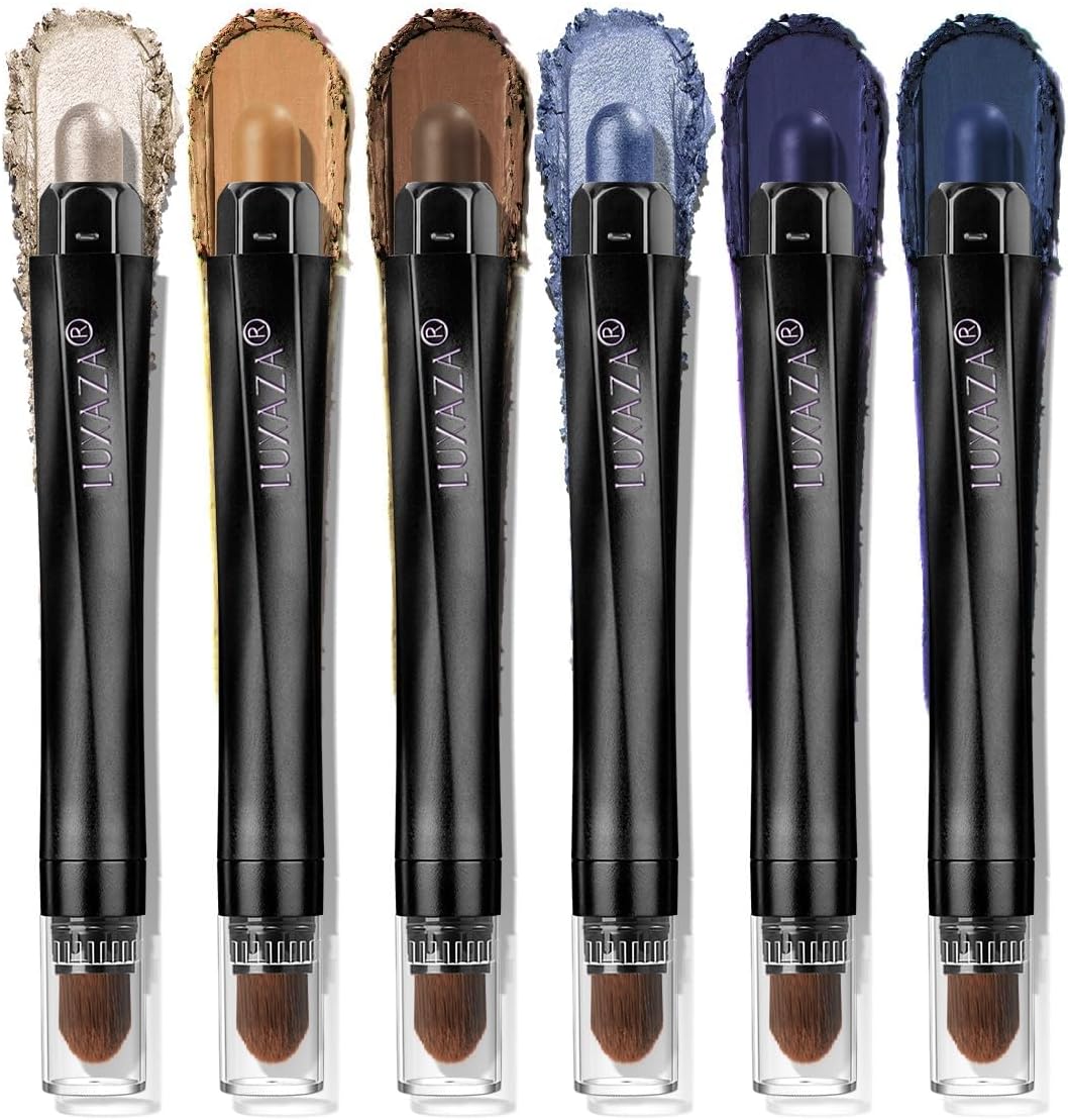 Blue Eyeshadow Stick Makeup 6PCS Set, Dark Blue Brown Metallic Shimmer Matte Cream Eye Shadow Eyeliner Brightener Pencil Crayon - JEANS BLUE