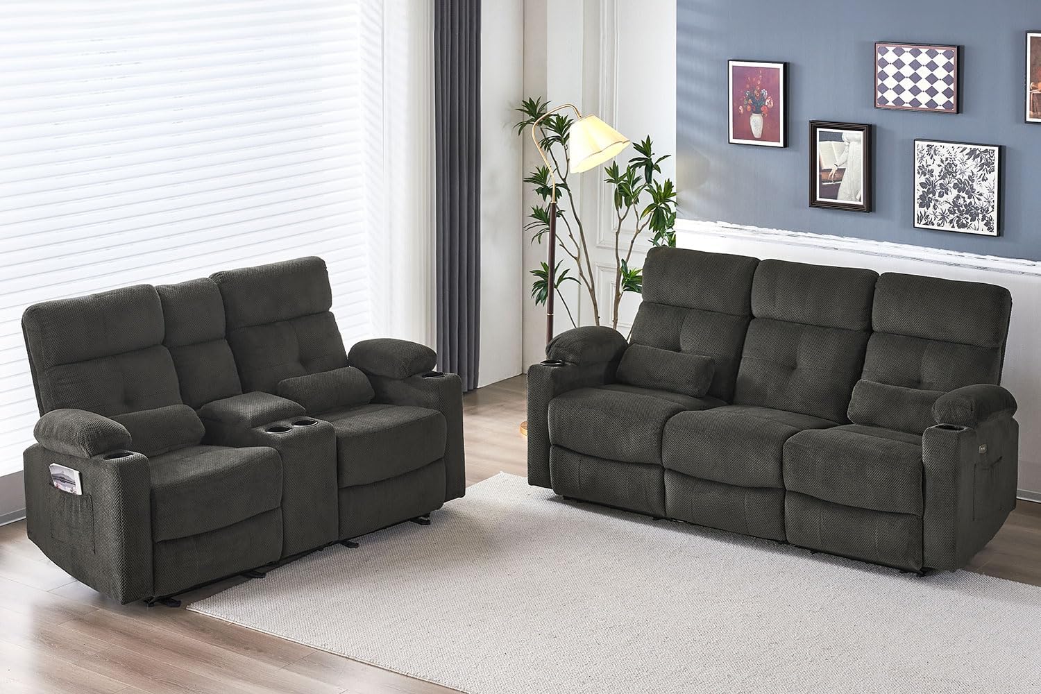 Power Reclining Sofa Set, 2 Pieces Reclining Living Room Set, Power Reclining Sofa and Loveseat Set, Recliner Sofa Set with Massage/Storage/Cup Houlder/USB Port for Living Room