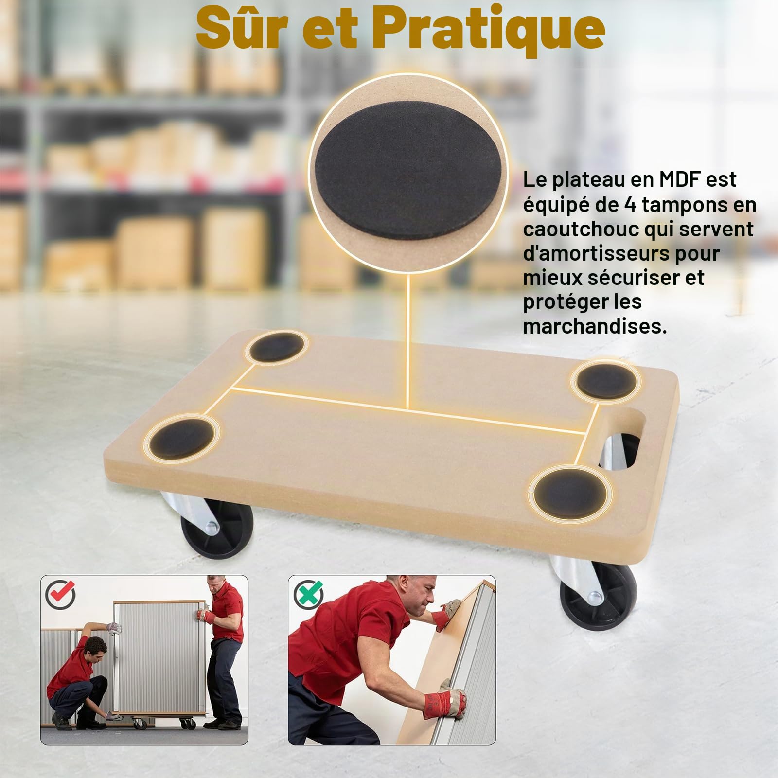 UISEBRT Lot de 4 roulettes de transport 580 x 290 x 108 mm - Planche à roulettes - En panneau MDF - Aide au transport de meubles - Charge maximale : 200 kg