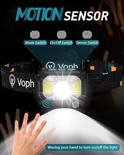 Miniatura 4 de Paquete de 2 lámparas de cabeza, 1200 lúmenes, USB tipo C, sensor de movimiento, recargable, 6 modos, linterna frontal ultraligera con luz roja,