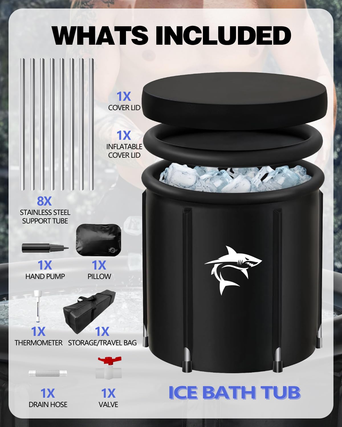 Ice Bath (80 cm Ø) XL, Vasca Ghiaccio Crioterapia con 8 in Acciaio Inox, Borsa Sportiva/Termometro/Scudo Termico/Copertura Antipolvere - Set Completo, Vasca da Bagno Adatto per Gli Atleti