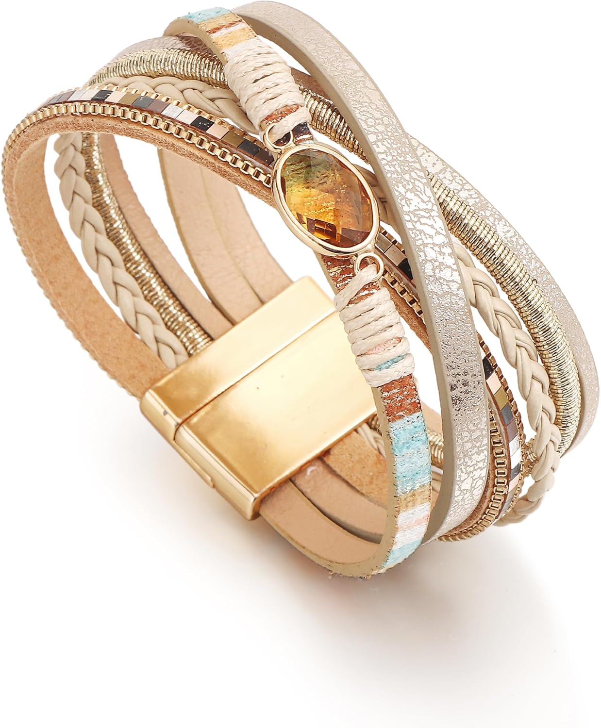 Edoneery Leather Wrap Bracelet for Women, Boho Handmade Multi-Layer Cuff with Crystal Beads Heart, Stackable Bangle Western Jewelry Gift - Image 2