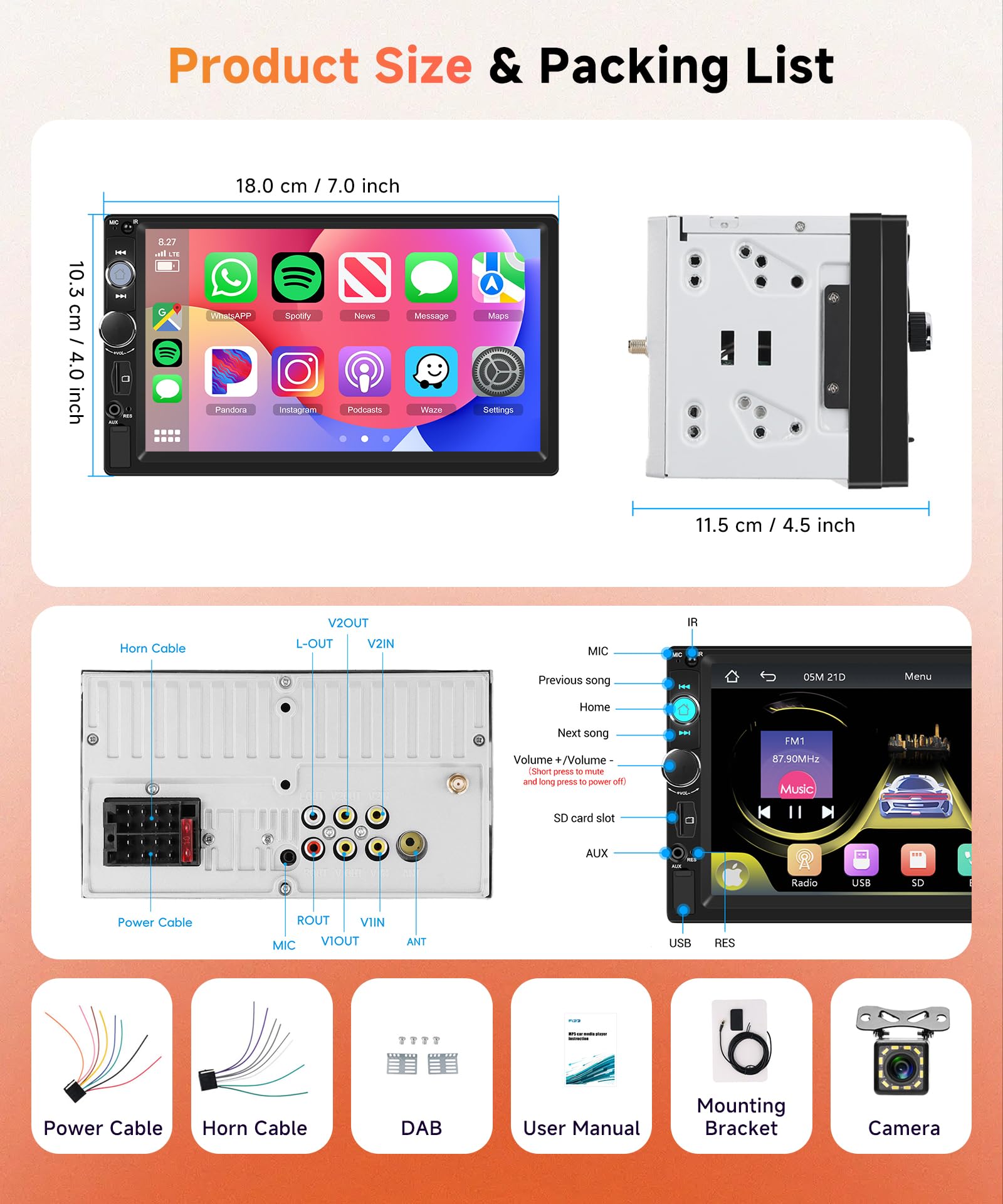 Rimoody DAB+/DAB Autoradio 2 Din con Wireless Carplay Android Auto iOS/Android Mirror Link, 7 Pollici Touchscreen Radio con Bluetooth 5.2 FM Radio USB/EQ Controllo del Volante Telecamera Posteriore