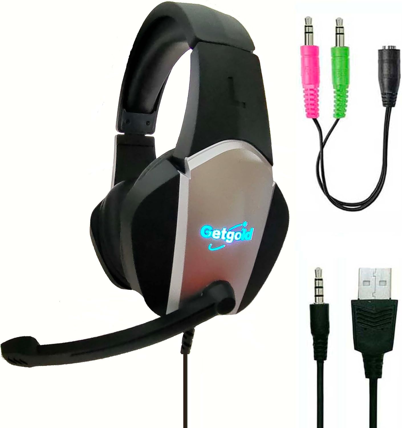 Gaming Headset with LED Light, USB and 3.5mm Audio Cables, Black