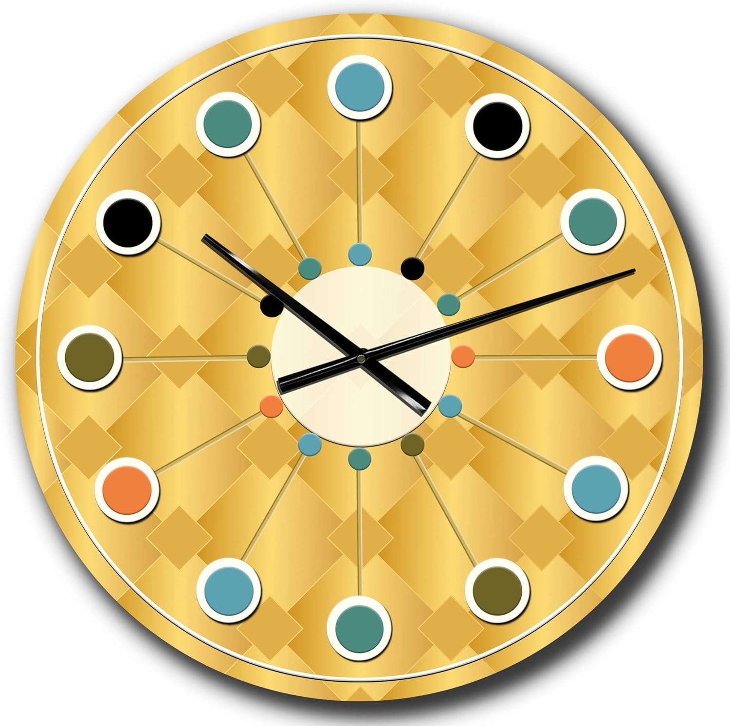 Mid-Century Modern Wall Clock 'Golden Geometric I' Yellow Round Wall Clock for Bedroom Decor