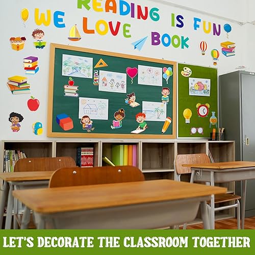 Miniatura 5 de Juego de 66 tablones de anuncios de lectura, tablero de anuncios de lectura, recortes de libros, arco iris, decoración de tablón de anuncios para el