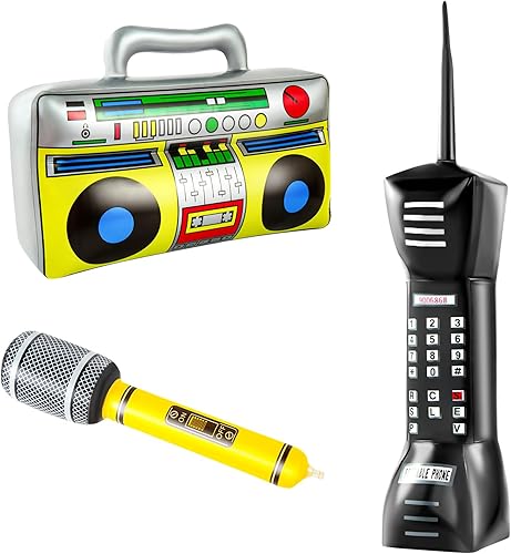 Caja de radio inflable Boom Box Micrófono 90s Teléfono Móvil Accesorios 80s Decoraciones de fiesta tema Hip Hop Suministros de fiesta