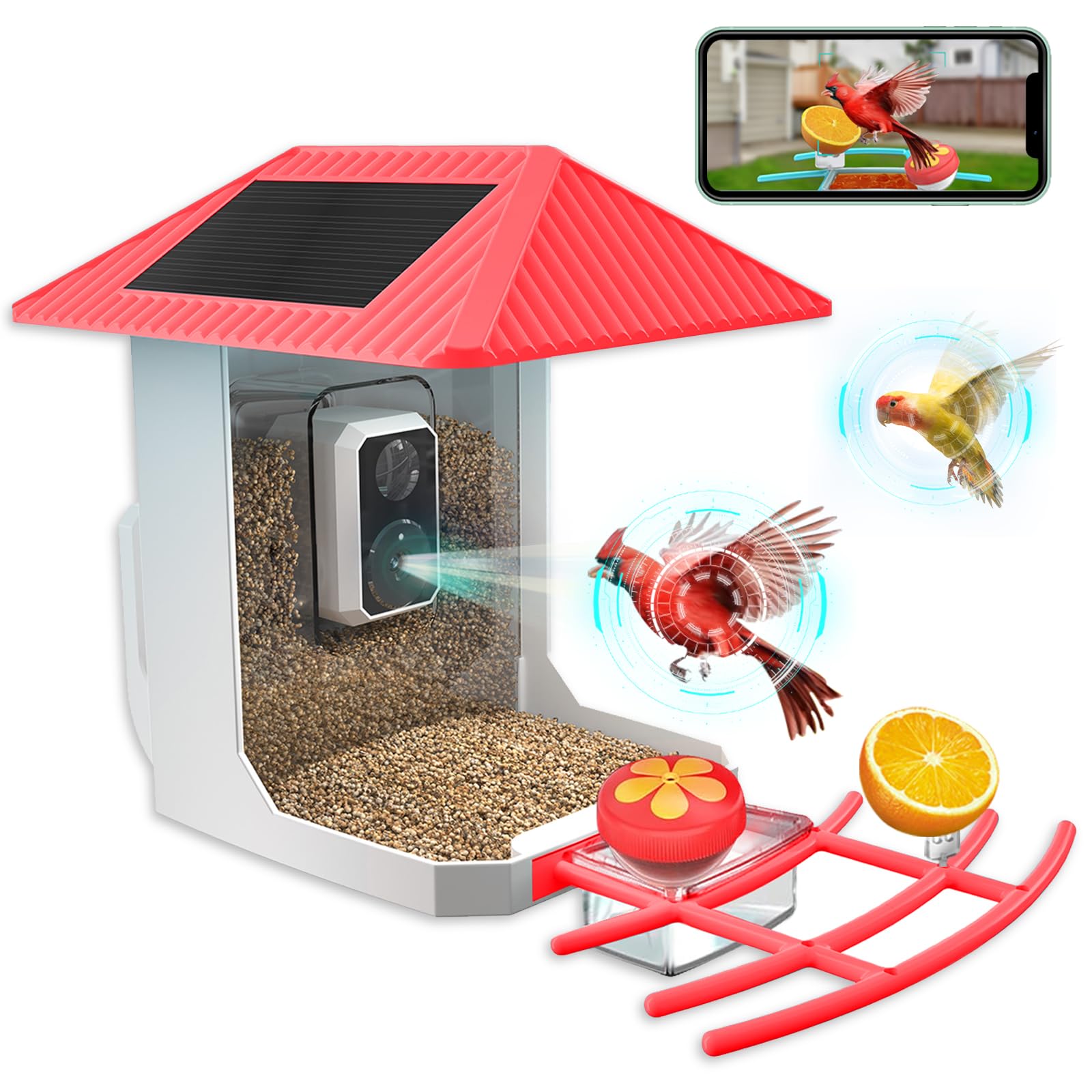 Bird Feeder with Camera, 2K Ai Smart Bird Feeders for Outdoors with Solar Powered, Live View, Instant Arrival Alerts, Capture Bird Video, Camera Bird Feeders Present for Bird Lovers(Bright-Red)